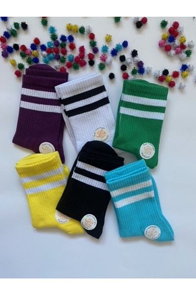çorapdunyam Women's Unisex 6-Piece Series Striped Perfumed College Tennis Socks Cz0047