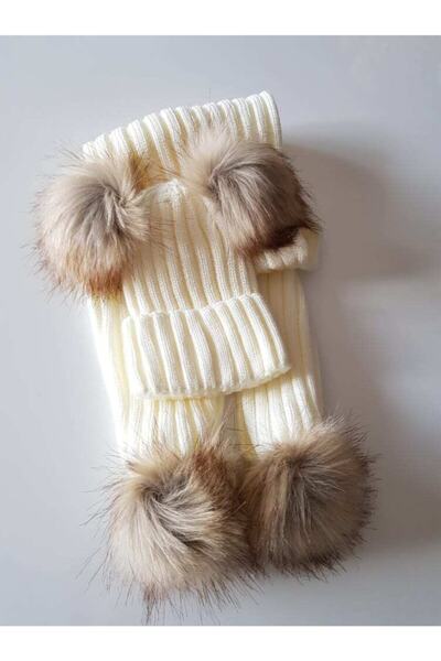 onlinebaby Set de beretă cu eșarfă albă cu pompon pentru fetiță