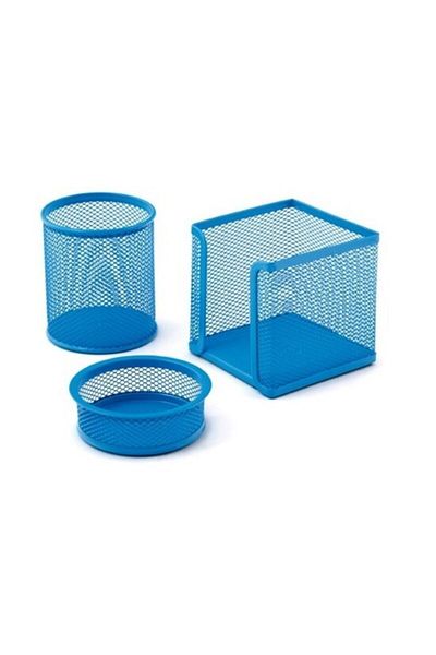 Mas Set de birou organizator cub metalic perforat albastru cu 3 suporturi pentru stilouri
