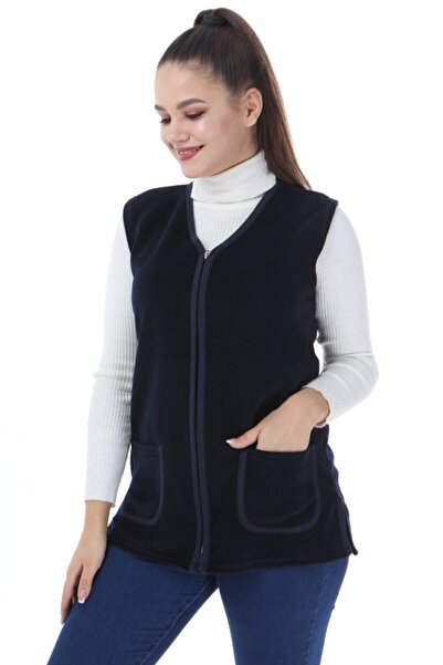 LİKAPA Women's Navy Blue Fleece Vest with Pockets and Zipper