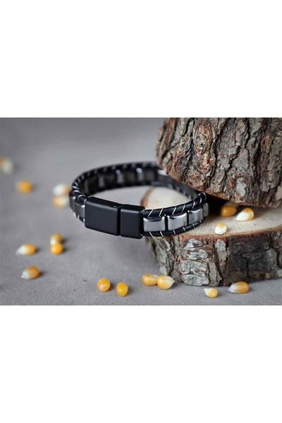 Sahi Aksesuar Bakla Model Natural Hematite Stone Natural Stone Leather Bracelet 21 Cm