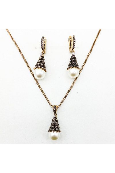 Aşina Gümüş Women's Gold Jewelled Diamond Montur Necklace Earring Ring Pearl Set