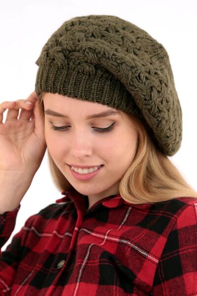 Deafox Women's Khaki Trend Knitted Detailed Painter Beret DFX61325