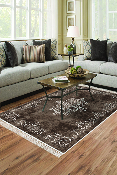Alanur Home Kahverengi Trend Kaymaz Dod Tabanlı Saçaklı Dijital Halı