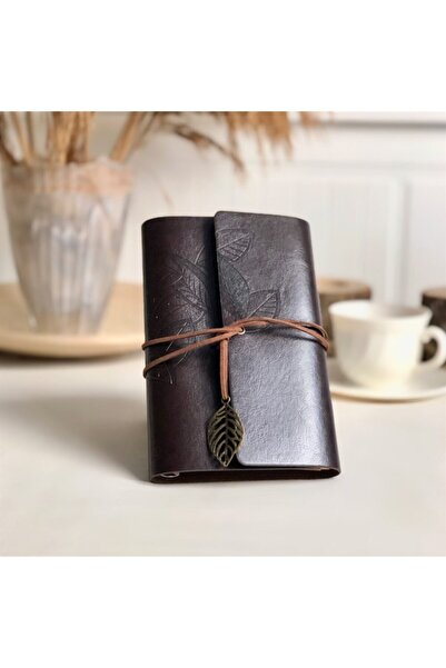 MOBGİFT Yaprak Tasarımlı Deri Hatıra Defteri Koyu Kahve Kalem Hediyeli