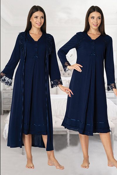 Effort Pijama Women's Navy Blue Lace Maternity Nightgown Dressing Gown Set