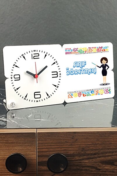 Hediyelen Beyaz Sınıf Öğretmeni Ahşap Masa Saati 003