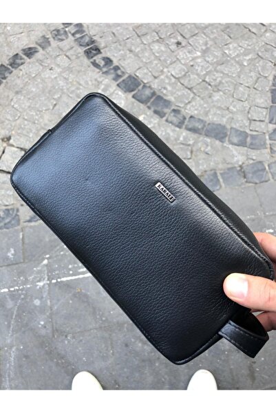 Karalı Deri Erkek Siyah Spor Fermuarlı Hakiki Deri Portföy El Çantası