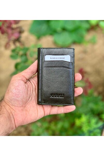 Karalı Deri Erkek Yeşil Kartlıklı Para Bölmeli Dik Hakiki Deri Şık Cüzdan