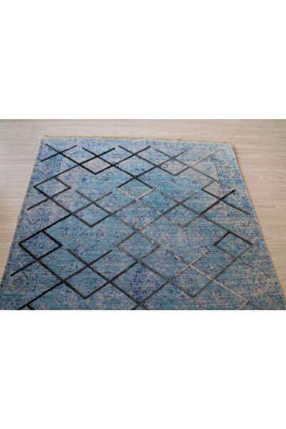 Just Arte Dekoratif Kaymaz Mutfak Kilimi Makinada Yıkanabilir Modern Halı Koridor Yolluk Mavi 120x180