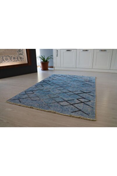Just Arte Dekoratif Kaymaz Mutfak Kilimi Makinada Yıkanabilir Modern Halı Koridor Yolluk Mavi 120x180
