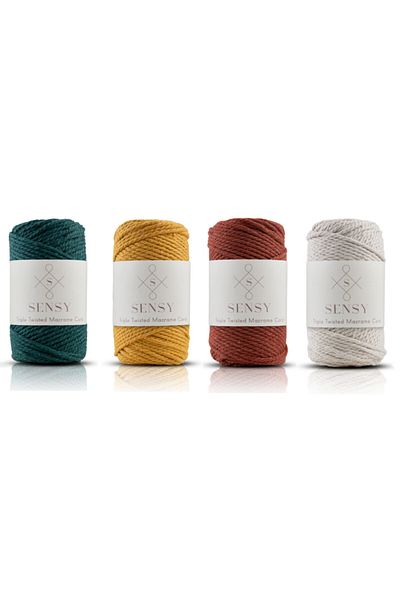 SENSY Premium 3 Twists 3mm Three Twists Scannable Macrame Rope Thread 4 Pack Naphti Green-mustard-brick-ecru