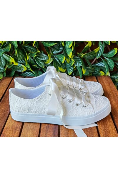 Ayakkabı Tutkusu Stilo ® Gelin Ayakkabısı Fildişi Spor Saten Üzeri Dantelli Aşırı Rahat Saten Kurdele