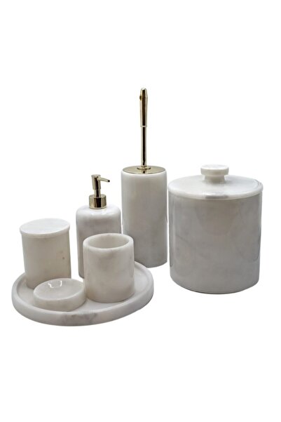 Sümeyra Marble Art Dekoratif Beyaz Mermer Gold Detaylı 7li Banyo Seti Takımı