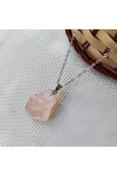 ByKolyeucum Unprocessed Raw Natural Pink Quartz Stone Natural Stone Necklace