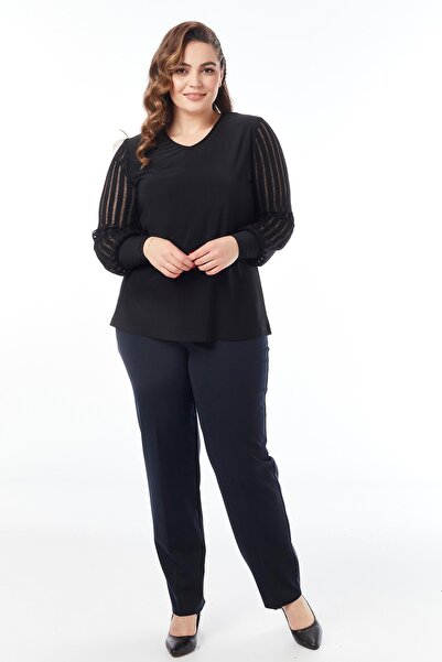 Moda Alba Navy Blue Classic Elastic Waist Υφασμάτινο Παντελόνι Ψηλόμεσο Μεγάλο Μέγεθος