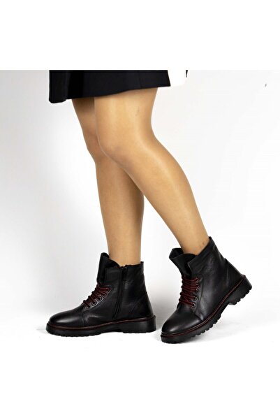 MixBrand حذاء نسائي قصير من الجلد الطبيعي بنعل مطاطي وسحاب وأربطة وبطانة دافئة