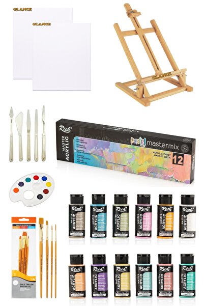 GLANCE Masaüstü Şövale Rich Master Mix 60 cc Akrilik 12 Li Pastel Renkler Baş...