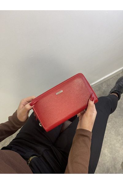 DERKON Genuine Leather Unisex Red Wallet with Phone and Pen Compartment