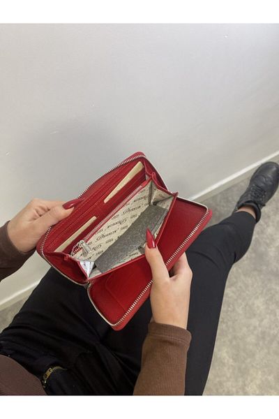 DERKON Genuine Leather Unisex Red Wallet with Phone and Pen Compartment