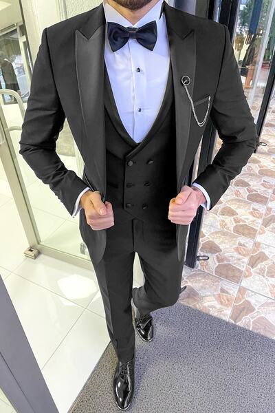 NAZEF Dar Kesim Kırlangıç Yaka Damatlık Yelekli Siyah Takımelbise