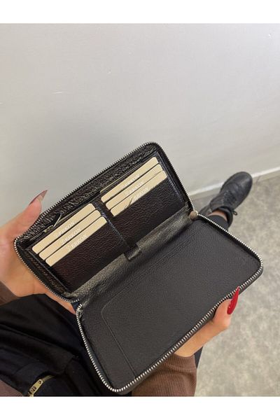 DERKON Genuine Leather Unisex Black Wallet with Phone and Pen Compartment