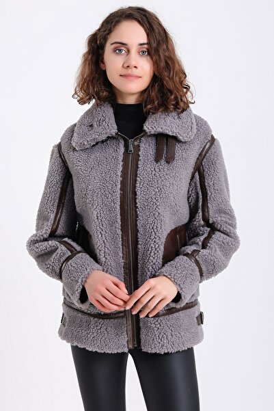 Leather Club Taş Kuzu Derisi Aksesuarlı Yün Kaban