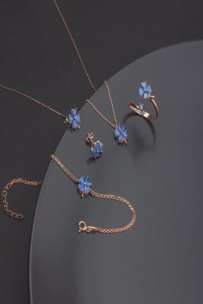 Miavi Silver 925 Ayar Gümüş Safir Taşlı Yonca Takı Seti
