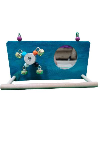 Wooden Bird Wheel And Mirrored Side Wire Perch (BLUE COLOR)