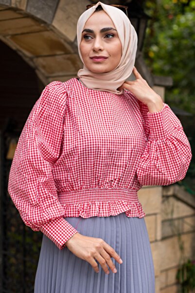 Feiza Collection Balon Kol Ekose Bluz - Kırmızı