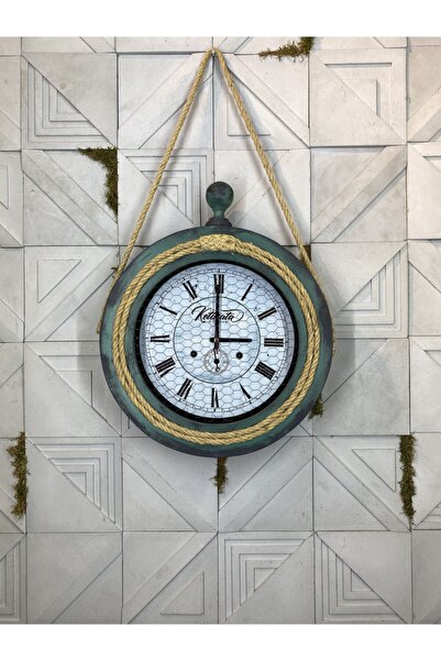 Evahome Saatiko Halatlı Ahşap Duvar Saati Yeşil Üzeri Siyah Eskitme