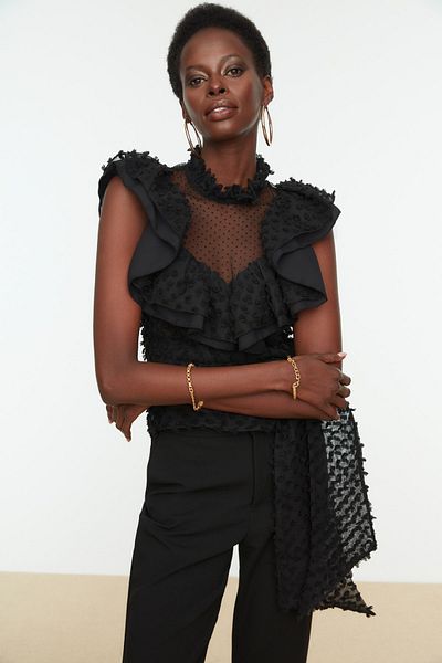 Trendyol Collection Black Tie Detailed Flounce Blouse TPRSS20BZ0774
