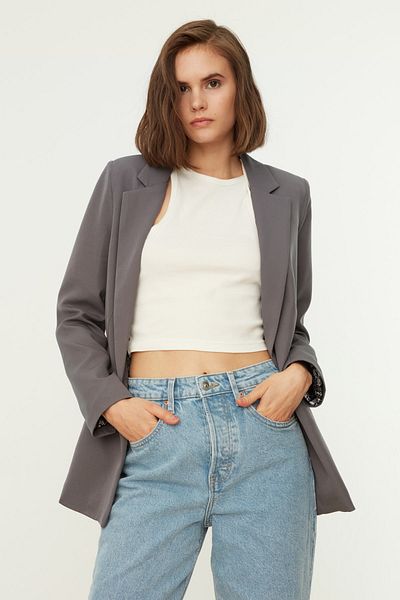 Trendyol Collection Szürke, normál bélésű, részletes szövött blézerkabát TWOAW20CE0316