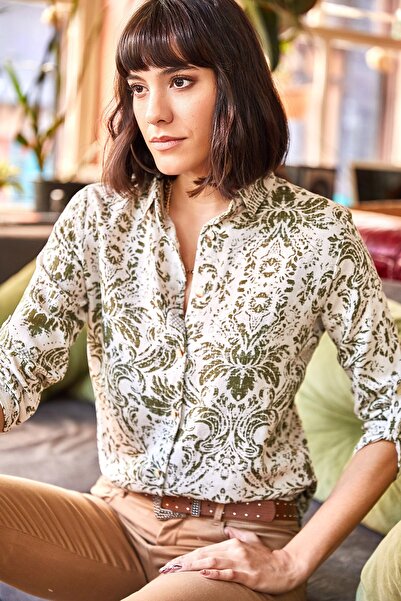 Olalook Koszula damska we wzory w kolorze ecru khaki GML-19000891