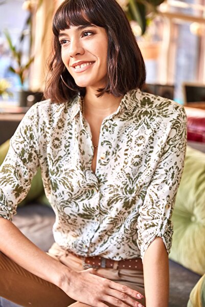 Olalook Koszula damska we wzory w kolorze ecru khaki GML-19000891