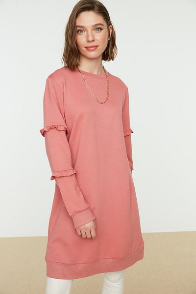 Trendyol Modest Getrocknete Rose Rundhalsärmel Stricktunika mit Rüschen TCTSS21TN0088