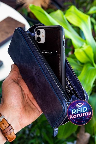 Garbalia Unisex Navy Blue Murphy Crazy Leather Magnetic Portfolio Wallet with Phone Compartment