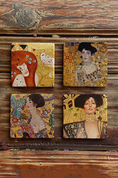 Oscar Stone Decor Taş Bardak Altlığı Stone Coasters 4lü Set Gustav Klimt Tabl...