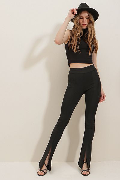 Trend Alaçatı Stili Pantaloni de scuba negri cu talie înaltă, cusături în față, cu fante în cruce ALC-X7799