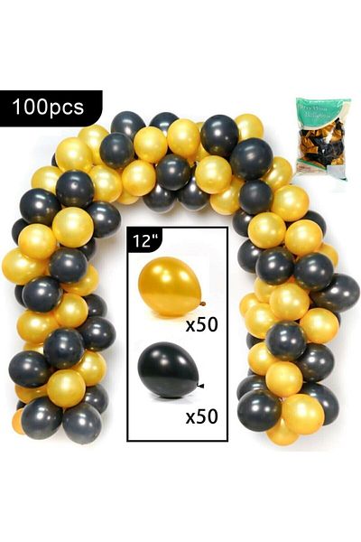 BEST PARTİ DOĞUM GÜNÜ PARTİ SÜSLERİ 12 Inch 50 Pieces Metallic Gold - Pastel Black Balloon + 5 Mt Balloon Chain
