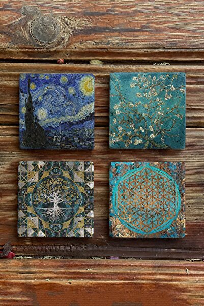 Oscar Stone Decor Taş Bardak Altlığı Stone Coasters - 4lü Set An Gogh Tablola...