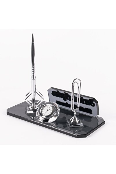 Ofistike Athos Gümüş Kristal Ofis Masa Isimliği Kalemli Masa Üstü Isimlik Kab...