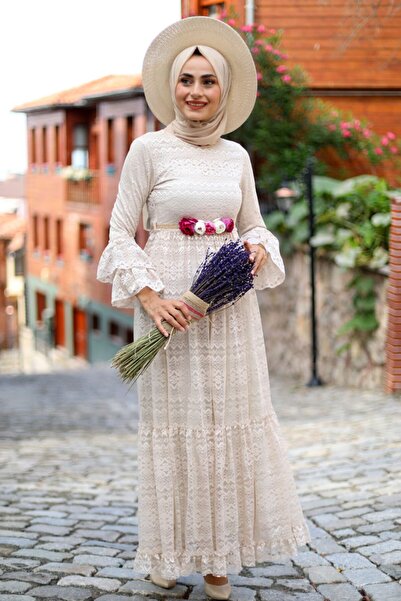 Feiza Collection Çiçek Kemerli Danteli Tesettür Elbise - Bej