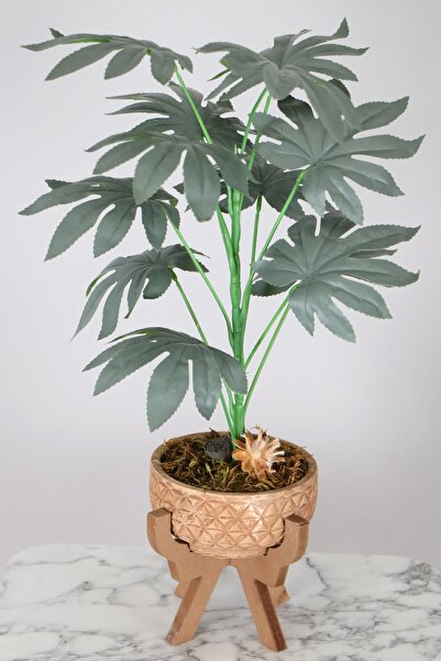 Yapay Çiçek Deposu Ahşap Ayaklı Beton Saksida Yapay 12 Yapraklı Bitki 55 Cm M...