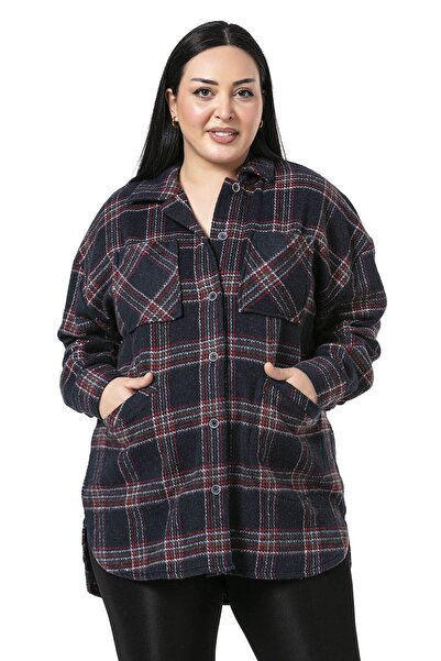 DISENTIS MODEST Large Size Four Pockets Navy Blue Lumberjack Jacket Shirt wit...
