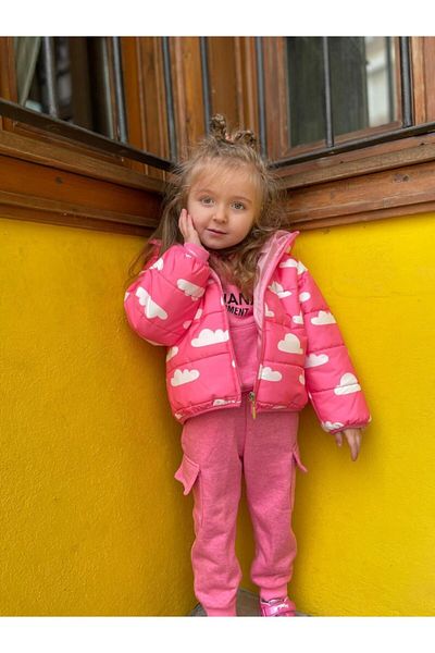 Pink Hippo Kids Girl's Cloud Printed Coat and Tracksuit Set 3 Pieces