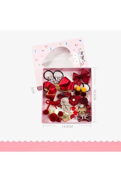 QUEEN AKSESUAR 18 Pieces Bag Boxed Luxury Baby Kids Buckle Strap Set Rubber Collet Bow Glitter Gold Red