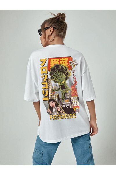 DEEPSENCE Women's Oversize T-shirt Freshınss Back Print White