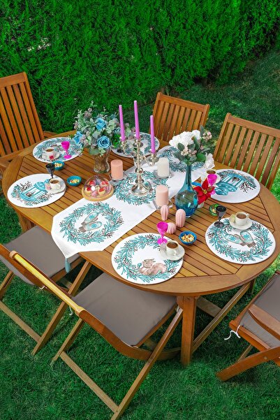 Realhomes Mavi Çerçeveli Kış Temalı Dijital Baskılı 6+1 Supla Runner Seti