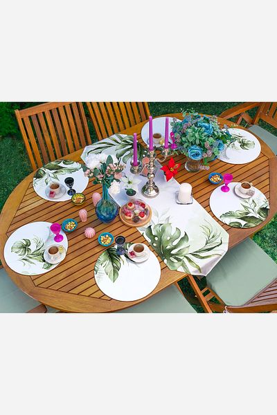 Realhomes Green Tropical Leaf Designed 6+1 Supla Runner Set